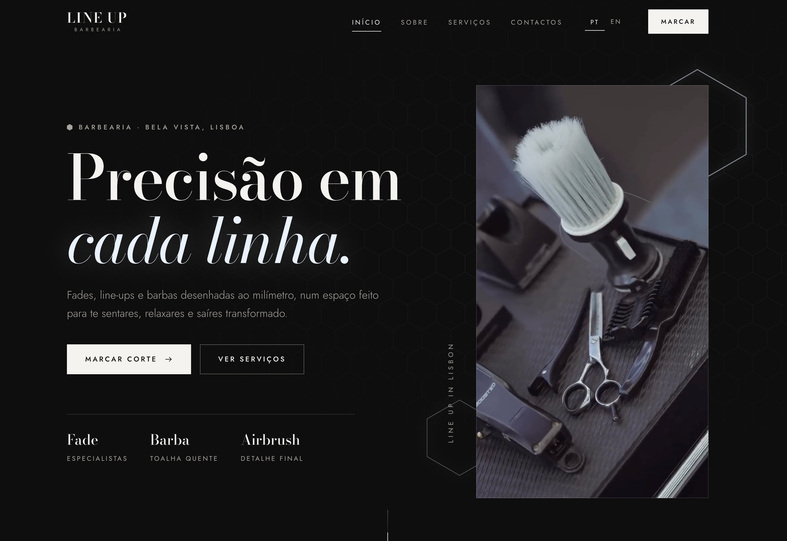 Real screenshot of the Line Up Barbearia website homepage, a project built by Web Arts